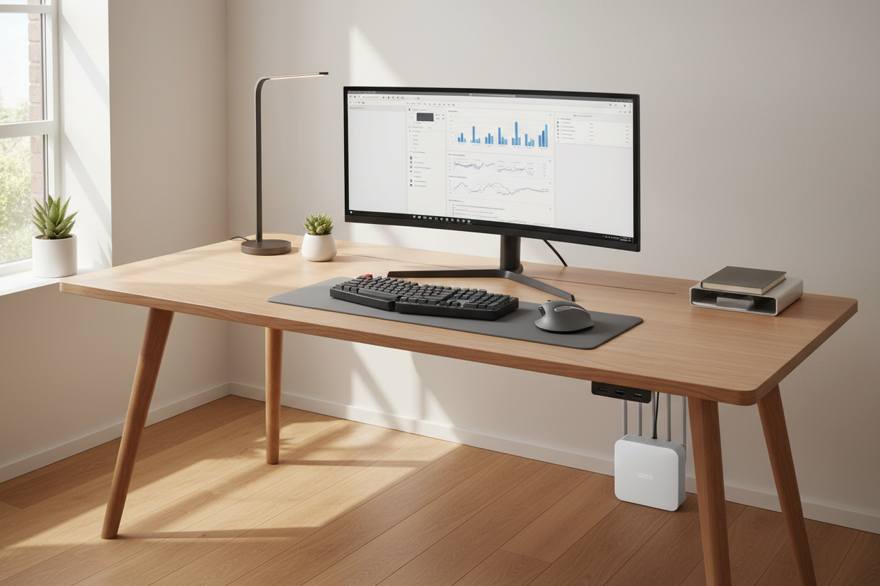 Modern ev ofisi kurulumu - monitör, ergonomik aksesuarlar ve LED aydınlatma