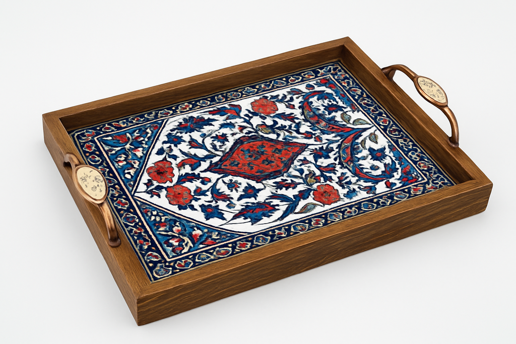 El Yapımı Kütahya Çini Desenli Tepsi 42x27 cm | Yerli Üretim Dekoratif ve Servis Tepsisi