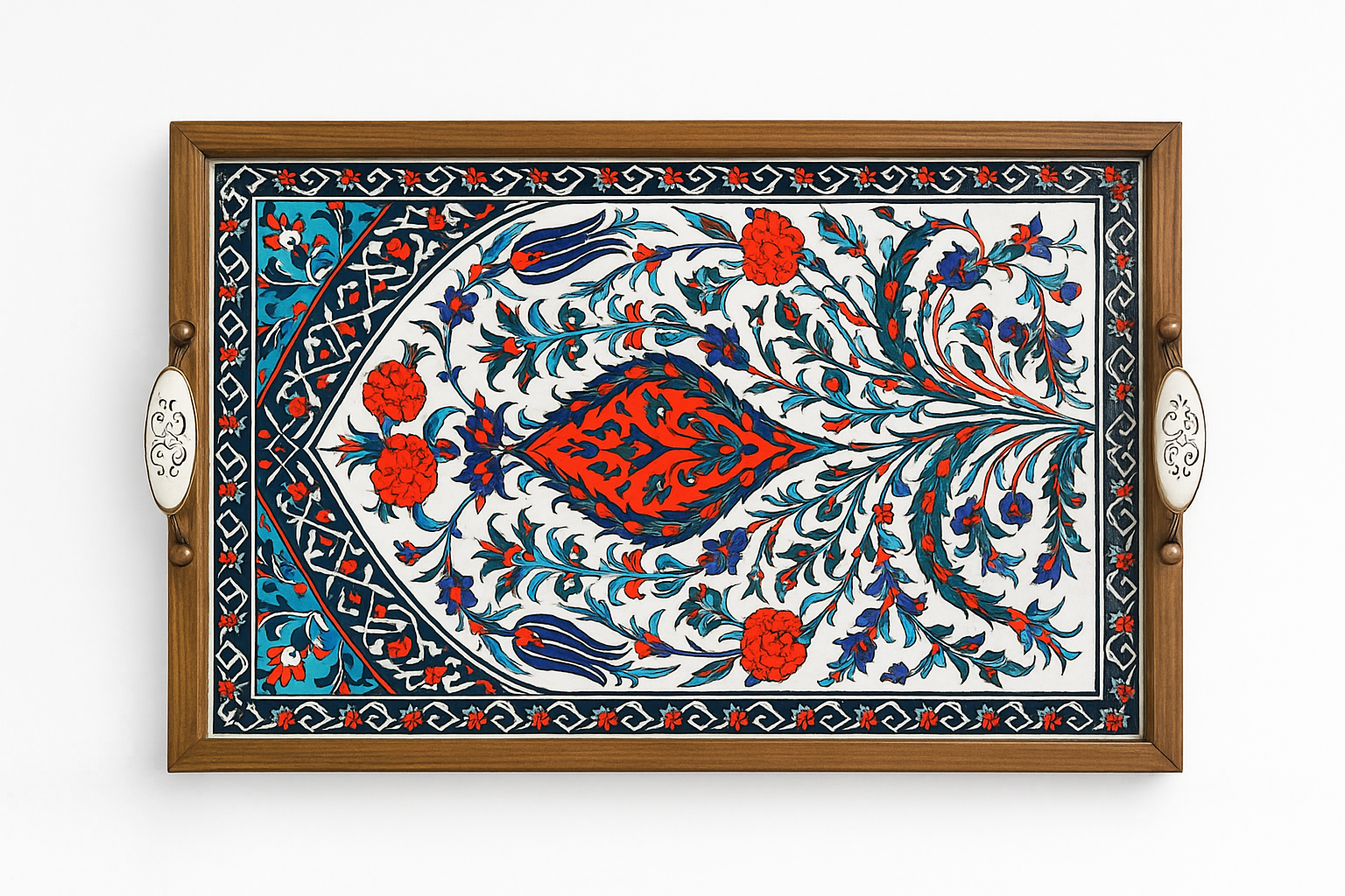 El Yapımı Kütahya Çini Desenli Tepsi 42x27 cm | Yerli Üretim Dekoratif ve Servis Tepsisi