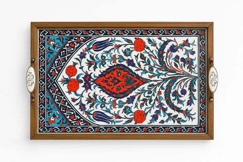 El Yapımı Kütahya Çini Desenli Tepsi 42x27 cm | Yerli Üretim Dekoratif ve Servis Tepsisi