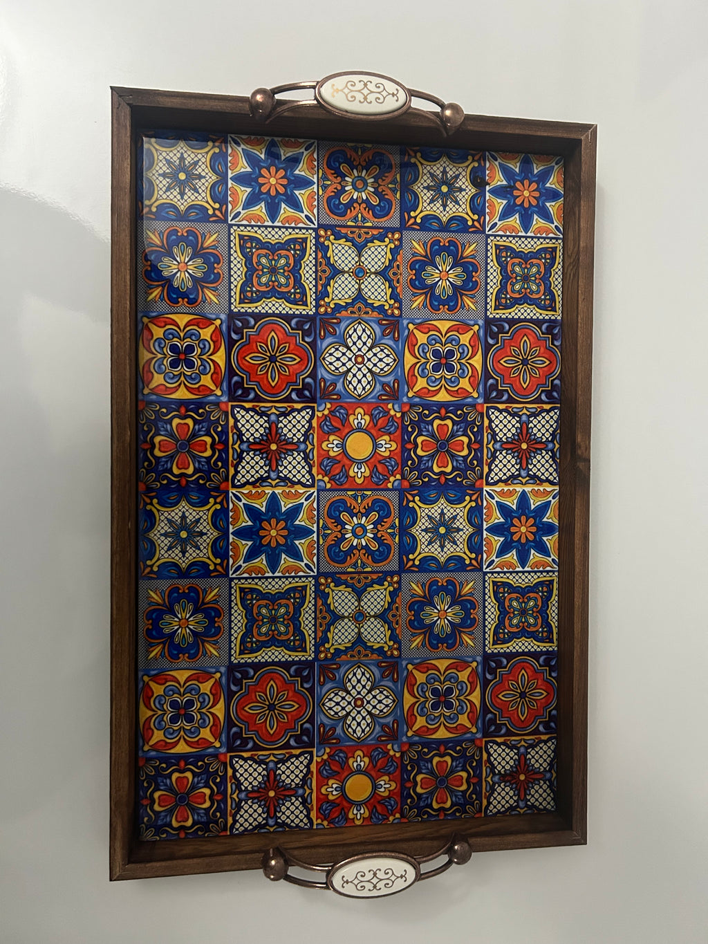 El Yapımı Kütahya Çini Tepsi 42x27 cm | Yerli Üretim Kareli Dekoratif Servis Tepsisi