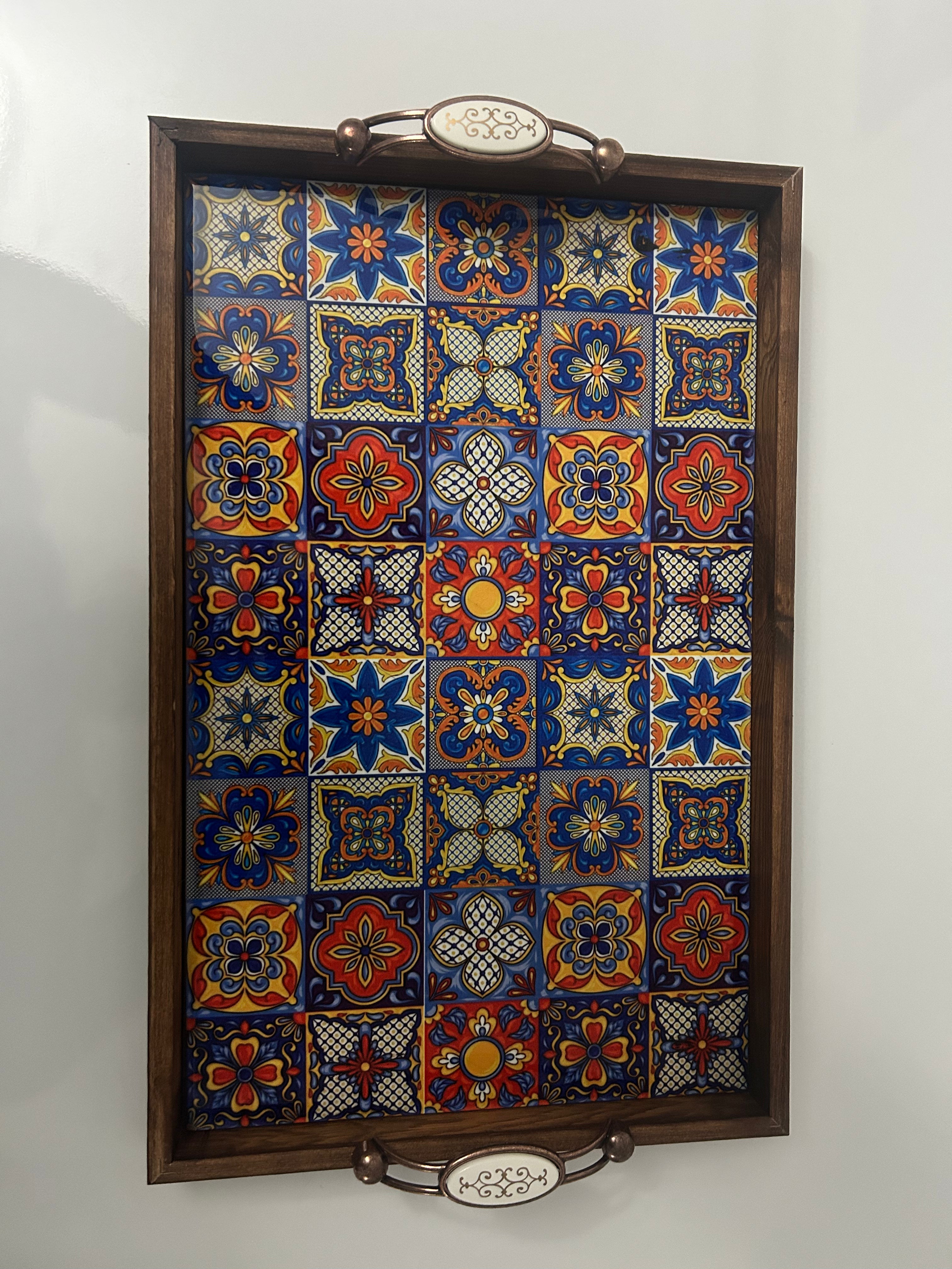 El Yapımı Kütahya Çini Tepsi 42x27 cm | Yerli Üretim Kareli Dekoratif Servis Tepsisi