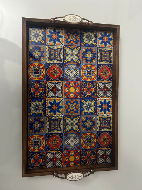 El Yapımı Kütahya Çini Tepsi 42x27 cm | Yerli Üretim Kareli Dekoratif Servis Tepsisi