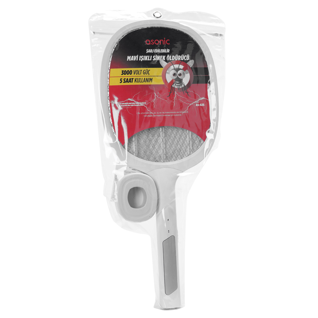 ASONIC AS-A25, Beyaz-Gri, 3000V, Raket Tipi, UV Mor Işıklı, 1200mAh, Bataryalı, Şarj Edilebilir, Sinek Öldürücü - Bulutretail