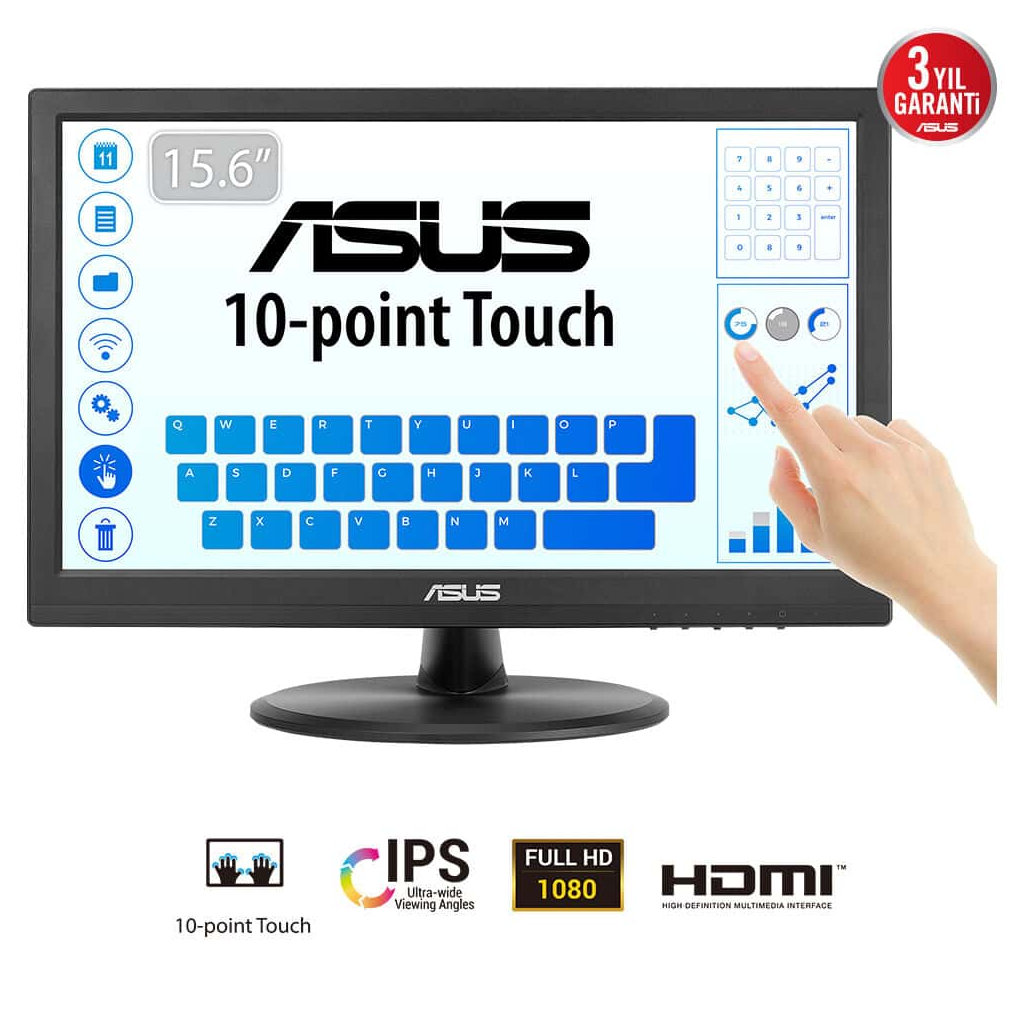 ASUS VT169HE 15.6&amp;quot; 5ms, 60Hz, Dokunmatik, HDMI, D-Sub, Düşük Mavi Işık, FreeSync, IPS Panel Monitör