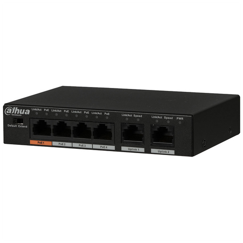 DAHUA PFS3006-4ET-60-V2, 4 Port, Megabit, PoE 60W, 2 Port Uplink, Yönetilemez, Masaüstü Switch