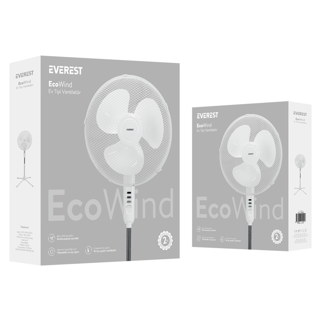 EVEREST FAN10, BEYAZ, EcoWind, 3 Kademeli Hız, 40cm 3 Kanat Pervane ve Çerçeve, 45W, Otomatik Salınım, Yükseklik Ayarlı Vantilatör