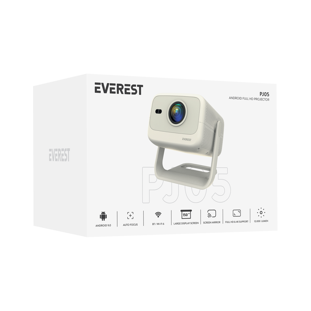 EVEREST PJ05, 400 LED Lümen, 1920X1080P, 1xHDMI, 1xUSB, RJ45, WiFi 6, Bluetooth, 30.000 Saat Led Ömrü, 1.5W Speaker, Android 9, 4K Destekli Projeksiyon Cihazı - Bulutretail