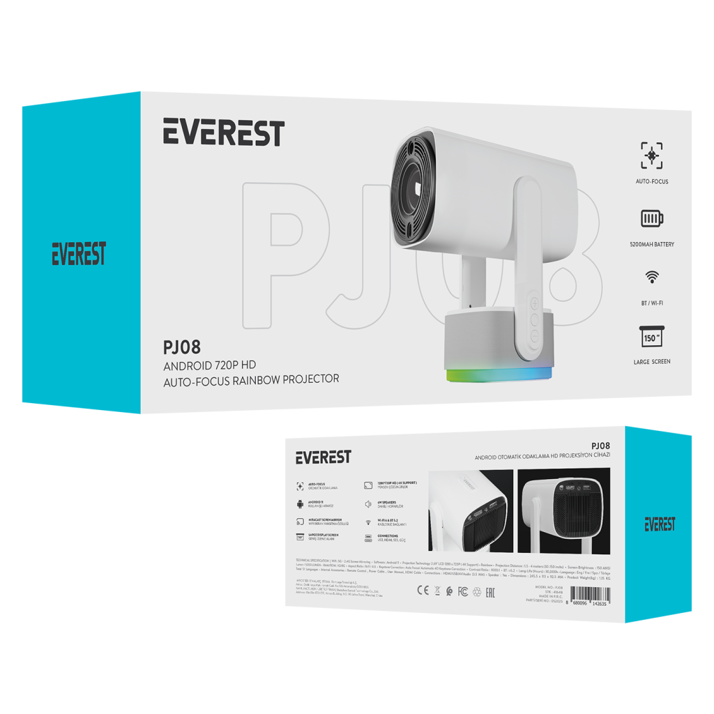 EVEREST PJ08, Beyaz, 150 LED Lümen, 1280x720, 1xHDMI, 1xUSB, WiFi, Bluetooth, 30.000 Saat Led Ömrü, 6W Speaker, 5200mAh Batarya, Taşınabilir, Android 11, 4K Destekli Projeksiyon Cihazı - Bulutretail