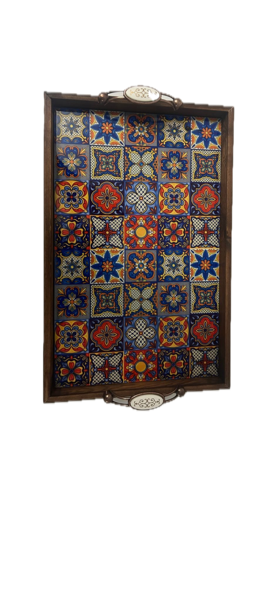 El Yapımı Kütahya Çini Tepsi 42x27 cm | Yerli Üretim Kareli Dekoratif Servis Tepsisi