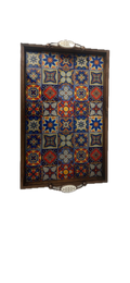 El Yapımı Kütahya Çini Tepsi 42x27 cm | Yerli Üretim Kareli Dekoratif Servis Tepsisi