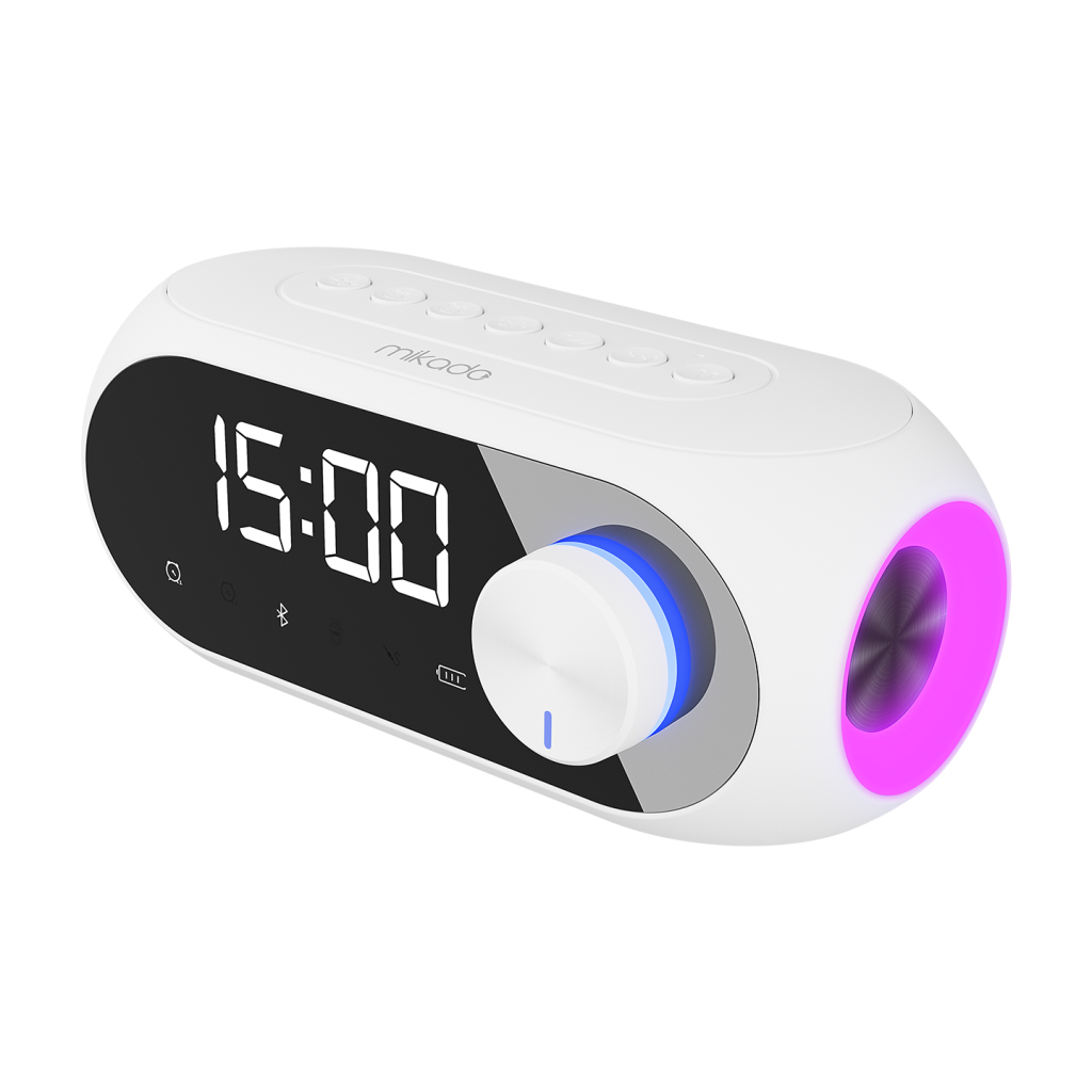 MIKADO MD-W7, Beyaz, 5W, FM Radyo, USB, AUX, Bluetooth, Kablosuz, Taşınabilir, 1200mAh Batarya, Alarmlı Saat, Derece ve Speaker