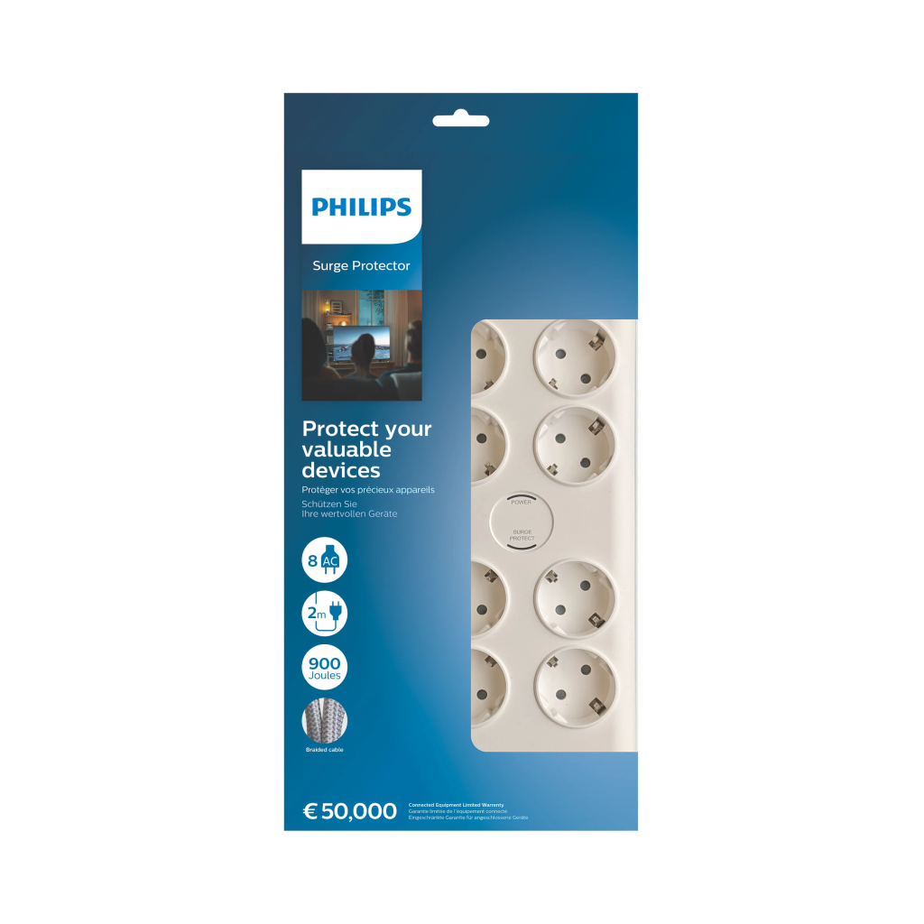 PHILIPS SPN7080WA/62, 8 Soket, Akım Korumalı Priz, 900 Joules, 2Mt Örgülü Kablo, (Beyaz)