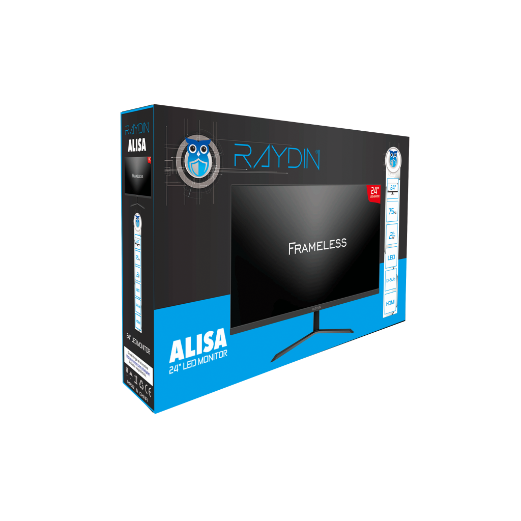 RAYDIN ALISA, 24&amp;quot;, 2ms, 75Hz, Full HD, D-Sub, HDMI, Frameless, VA LED Monitör (Siyah)