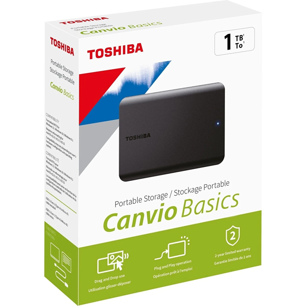 TOSHIBA HDTB510EK3AA, Canvio Basic, 1TB, 2.5&amp;quot; USB 3.2, Taşınabilir, Harici HDD, (Black)
